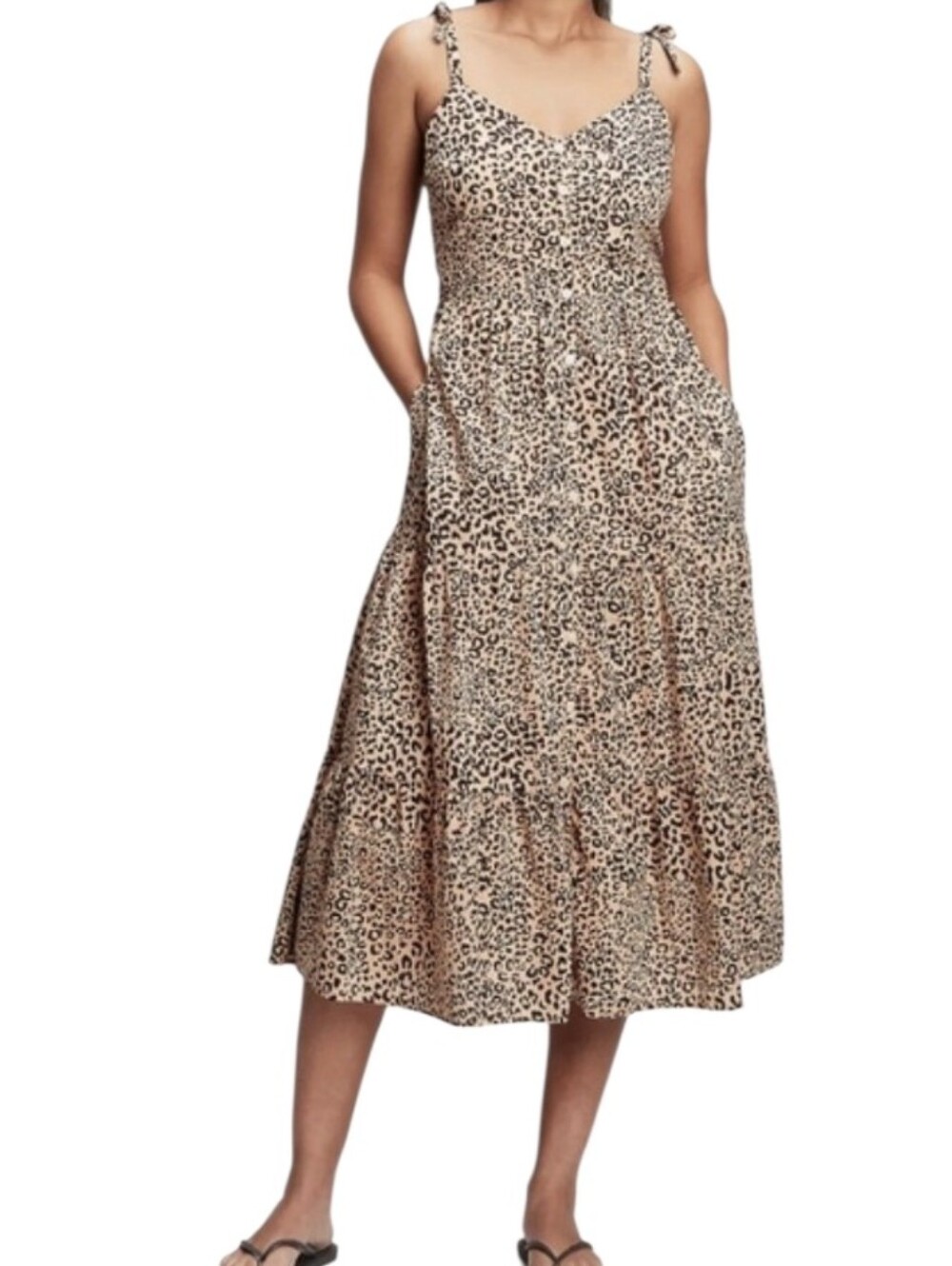GAP Tiered Cami Leopard Print Button-Down Cotton Midi Dress with Pockets
